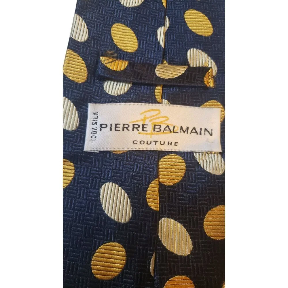 Pierre Balmain Couture Neck Tie Mens 100% Silk Navy Yellow Polka‎ Dots Business